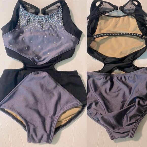 Custom solo dance costume leotard gray rhinestoned MC-Medium child - Picture 3 of 12